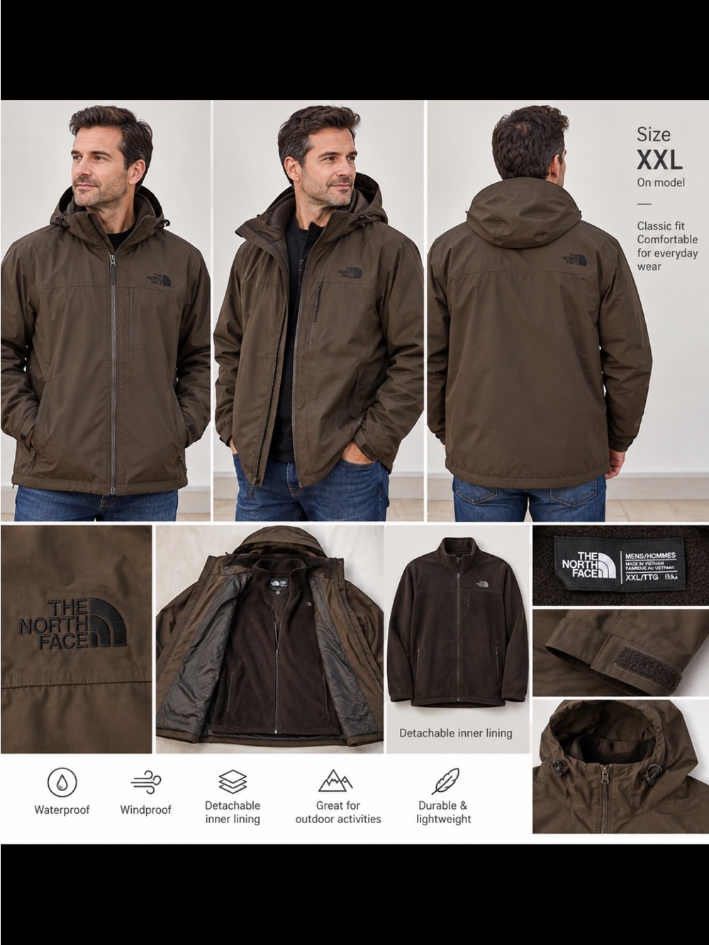 The North Face  Hooded Raincoat in The jacket with the detachable size XXL great